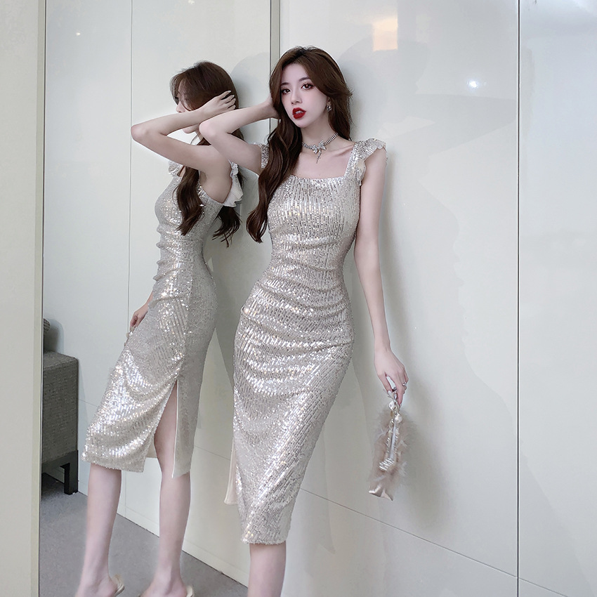 2023夏季新款日韩名媛气质轻奢法式亮片一字领修身礼服连衣裙7718