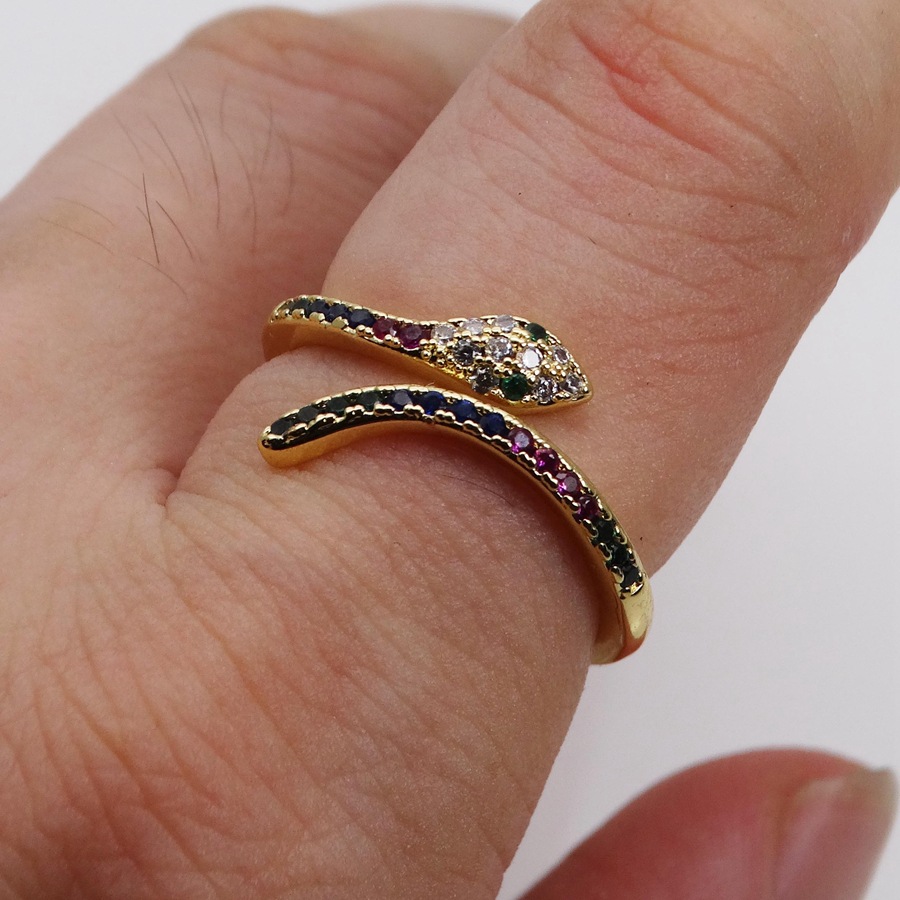 微镶锆石戒指蛇戒指开口可调节戒指镀14k浅金色眼镜蛇小型蛇戒指