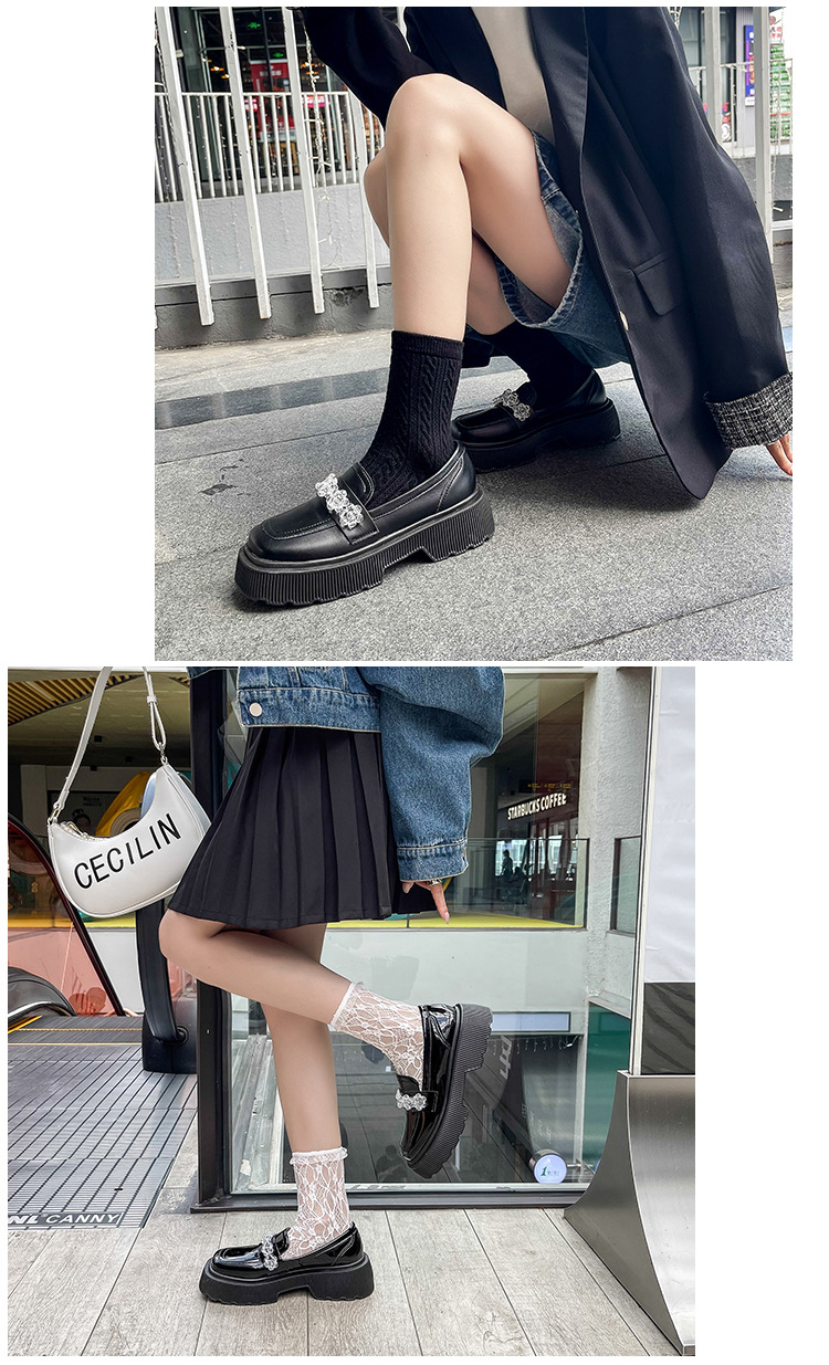 2021年新款厚底松糕鞋jk小皮鞋女水晶冰花英伦风乐福鞋粗跟单鞋女