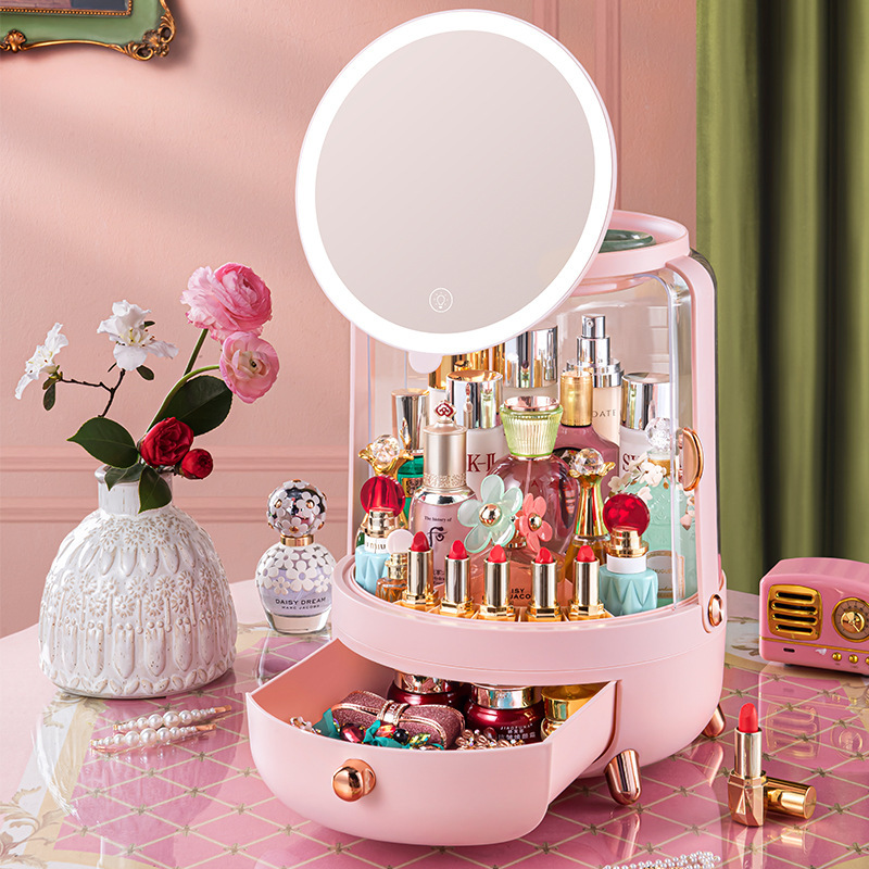 Cosmetics Storage Box Rotatable Integrated Dressing Table with Mirror Light Luxury Cosmetic Case Dustproof Skincare Shelves