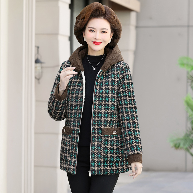 冬装新中老年女装千鸟格拼接加绒棉服韩版棉衣洋气5060妈妈装外套