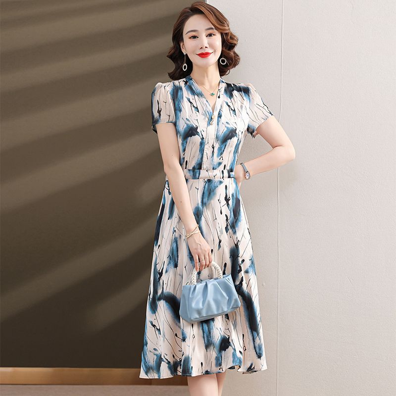 中年妈妈夏装连衣裙洋气四五十岁中老年女装夏季短袖裙子-阿里巴巴