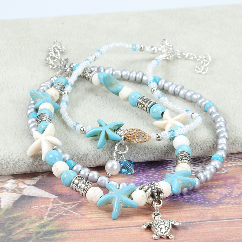 Amazon Hot Sale New Turquoise Starfish Turtle Multi-Layer Anklet Vintage Beach Surfing Anklet Set in Stock