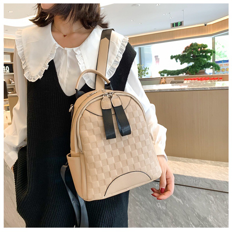 SOURCE Manufacturer Chessboard Plaid Soft Leather Backpack Women's New Versatile High Quality Solid Color Bag Korean Style Western Style Leisure