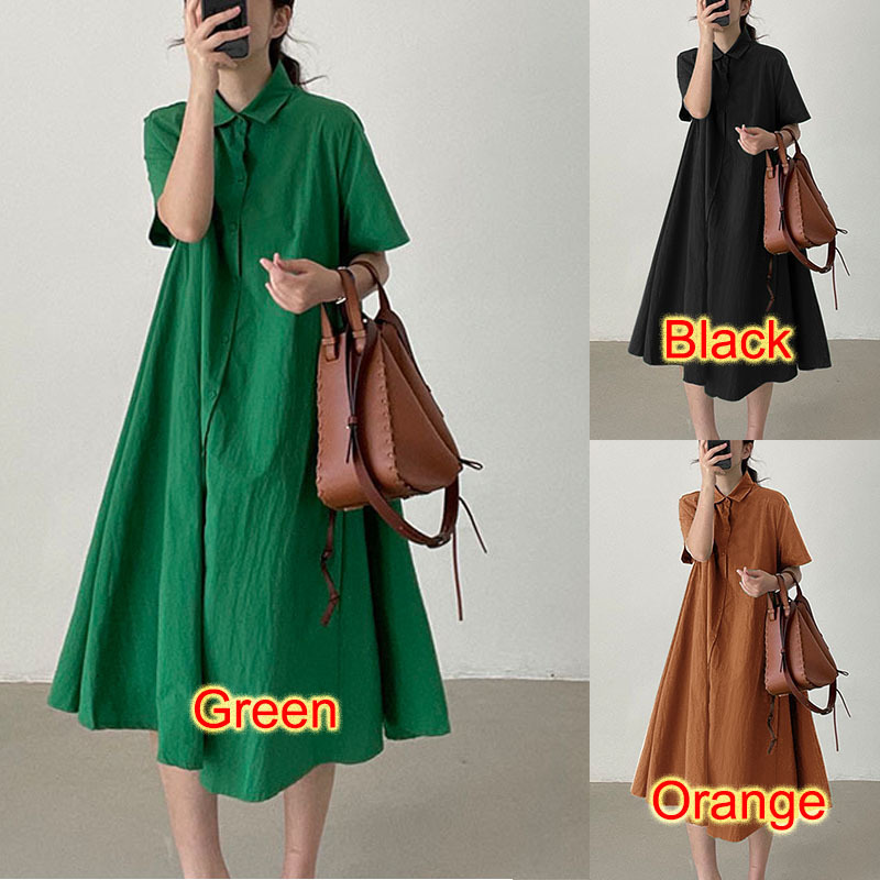 2022 New Japanese and Korean Cotton and Linen Solid Color Polo Collar Short Sleeve Single-Breasted Simple Loose Casual Long Shirt Dress