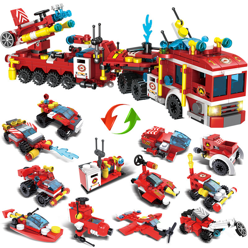 Children's Gift Fire Fighting Series Toys Deformation Fire Truck Assembling Building Blocks 12-in-1 Science and Education Assembling Toys C019