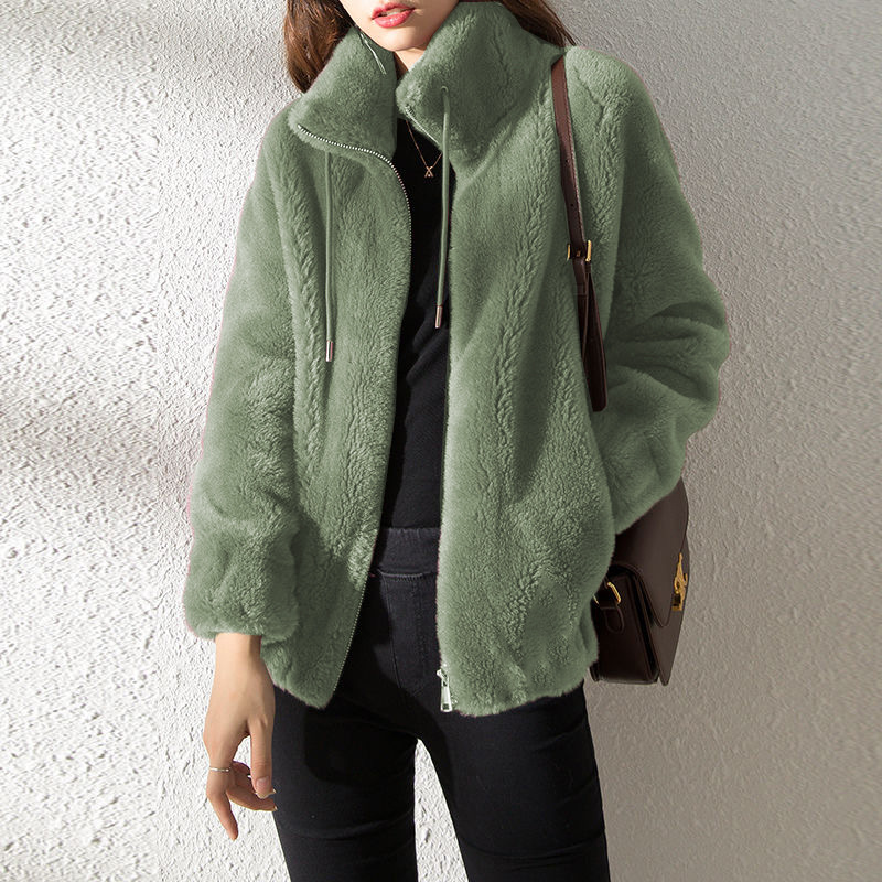 coat for women trendy ins winter fleece-lined thickened double-sided fleece stand-up collar thermal sweater for women cardigan zipper women‘s fleece