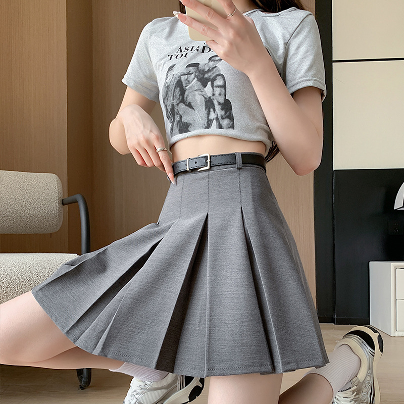 Half-Length Pleated Skirt Female Summer New Belt Style Short Skirt Fashion Slimming Temperament Commute Skirt High Waist A- line JK Skirt