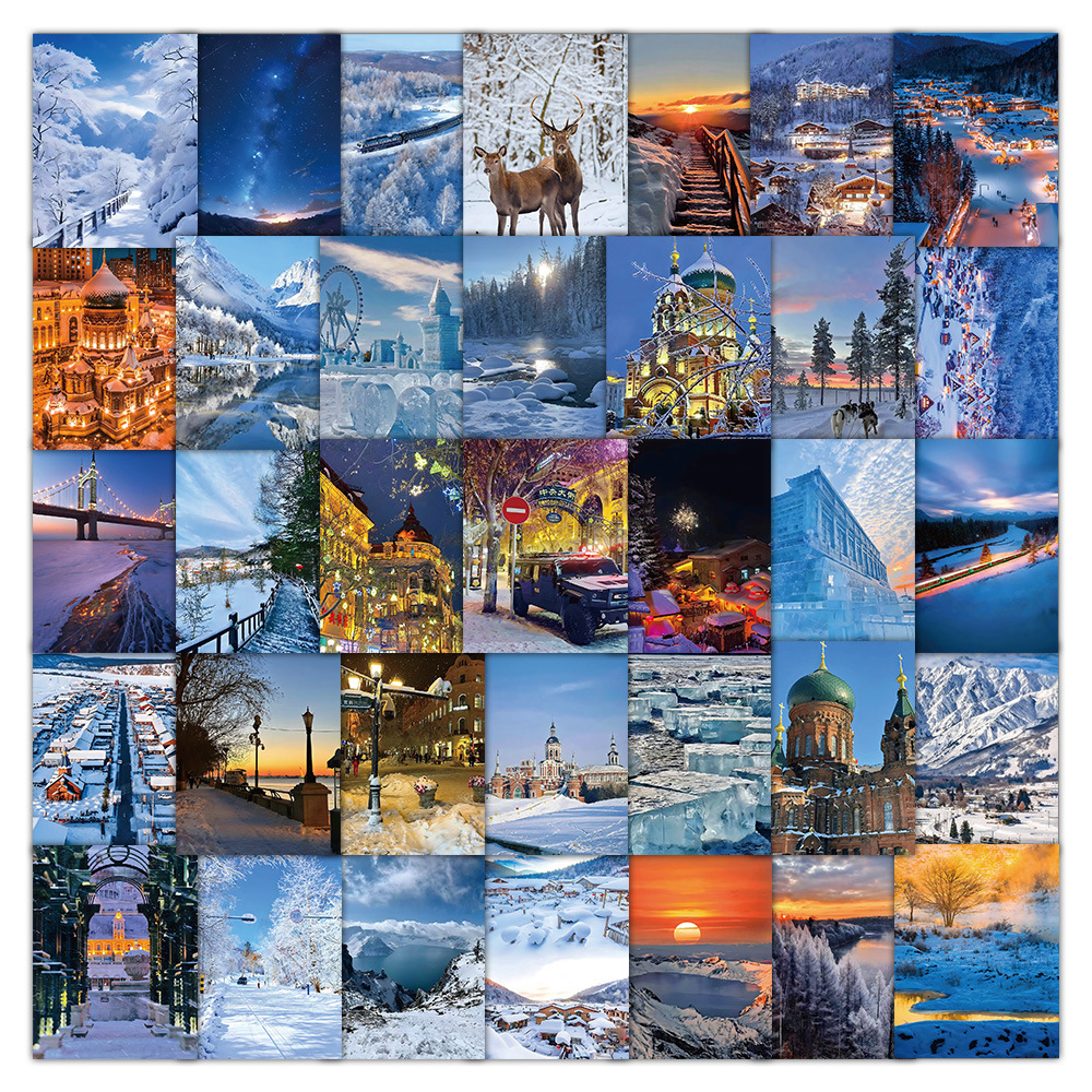 60张哈尔滨雪景涂鸦装饰手账笔记本电脑手机壳行李箱防水贴画批发