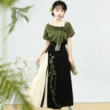 原创设计柳绿中国风改良汉元素汉服女上衣吊带半裙套装8705