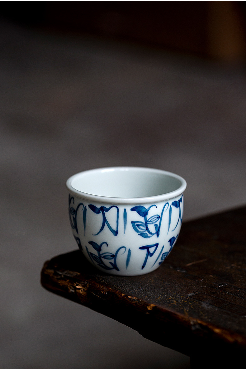 仿古胎景德镇手绘青花刀字纹主人杯单杯陶瓷茶具单个品茗杯小茶杯