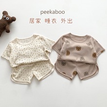 儿童睡衣韩版peekaboo儿童家居服宝宝睡衣华夫格卡通印花睡衣套装