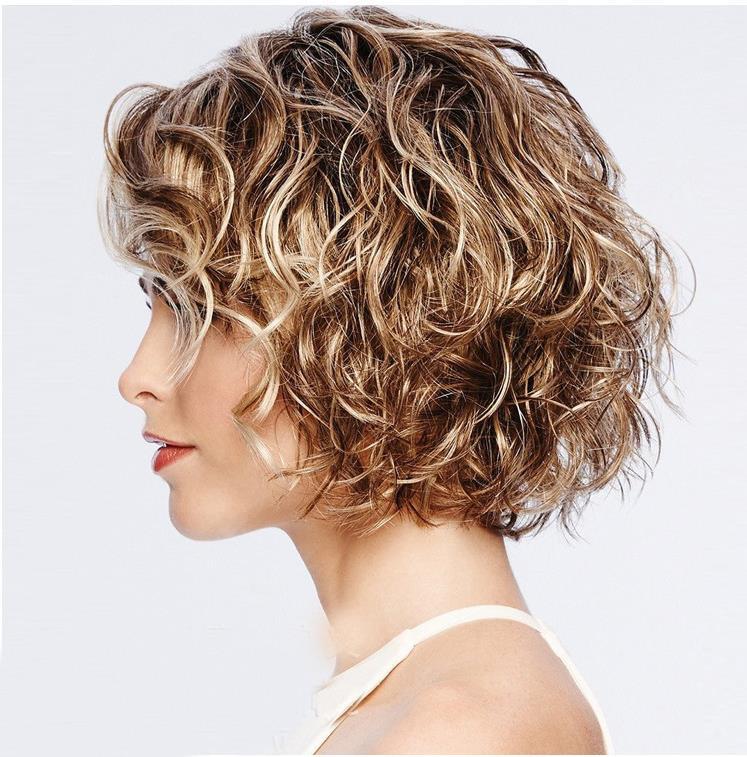 欧美玫瑰网短发新款女士侧分短卷发蓬松时尚金棕混色梨花卷发假发