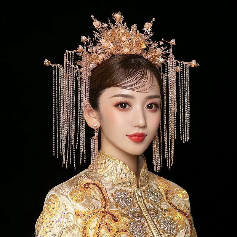 秀禾头饰新娘2022新款高端凤冠中式大气步摇红色显脸小秀禾服发饰