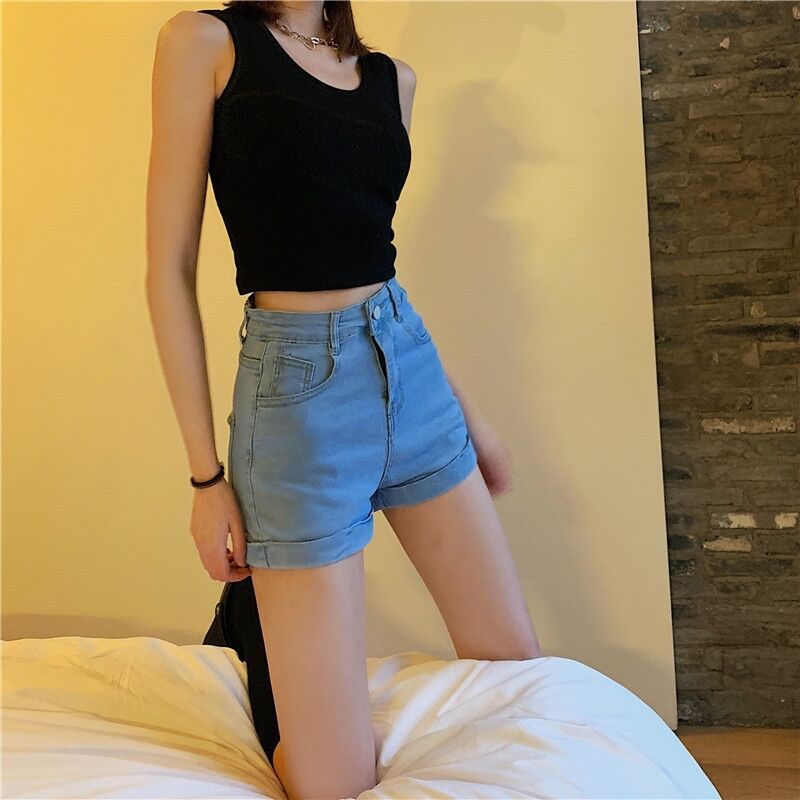 European and American Aa Style Denim Shorts Women's Solid Color High Waist Curl Denim Shorts Stretch Hot Shorts