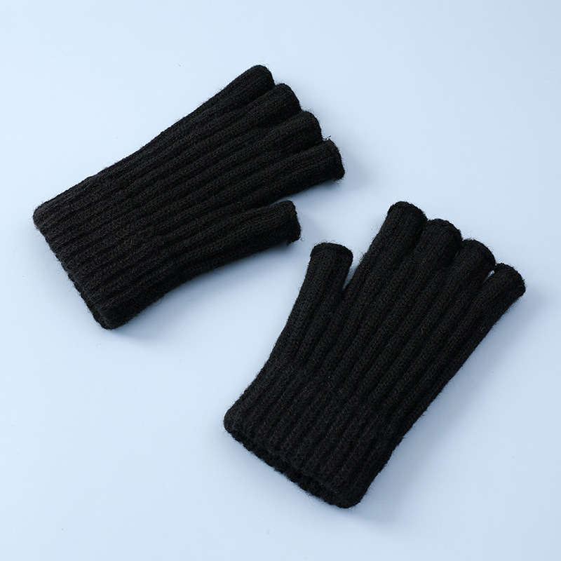 Men's Gloves Wholesale Autumn and Winter Cold-Proof Thermal Knitting Wool Fleece-lined Touch Screen Open Finger Cycling Female Student