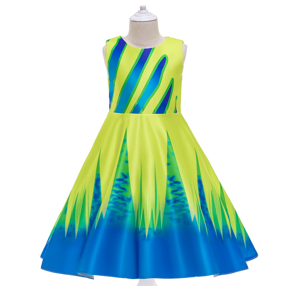 童装美人鱼女童连衣裙彩色渐变印花无袖长裙舞蹈表演服演出服走秀