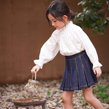 童装女童新款春秋季欧美风衬衫棉料立领长袖上衣纯色花边可爱儿童