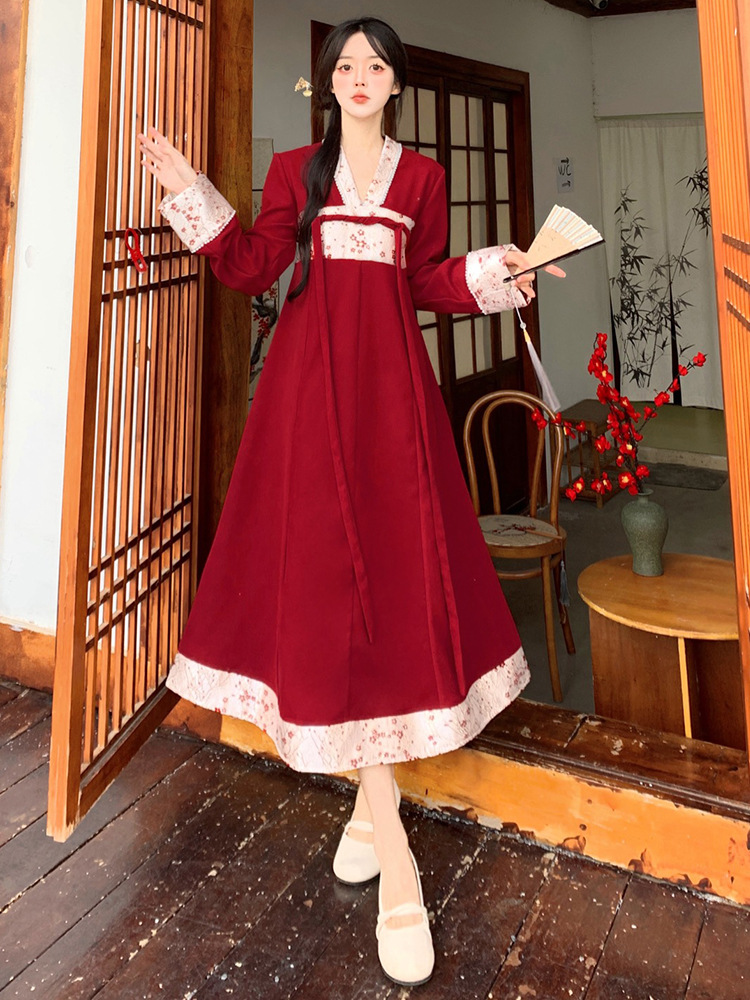 大码秋冬新款胖妹妹显瘦红色新年战袍汉服国风新中式连衣裙-阿里巴巴