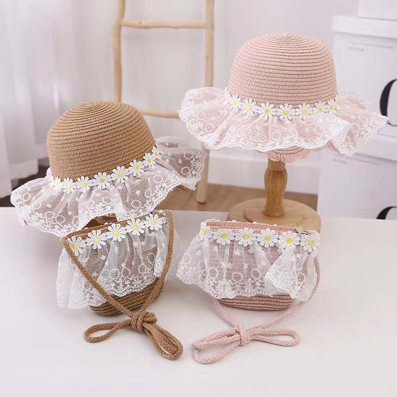 Girls' Hat Summer New Children's Little Daisy Lace Straw Hat Thin Type Sunscreen Beach Uv Protection Sun Hat