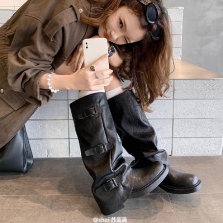 【苏茵茵】辣妹裤管靴~6.5cm增高扣带中筒西部骑士长靴女堆堆短靴