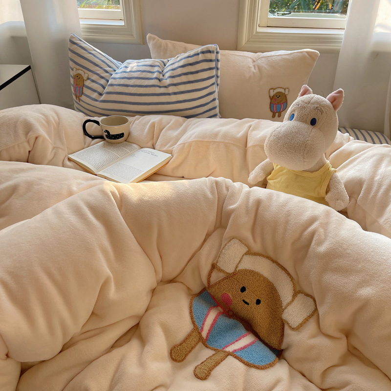 可爱网红毛巾绣牛奶绒珊瑚绒床上四件套双面绒学生宿舍床品三件套