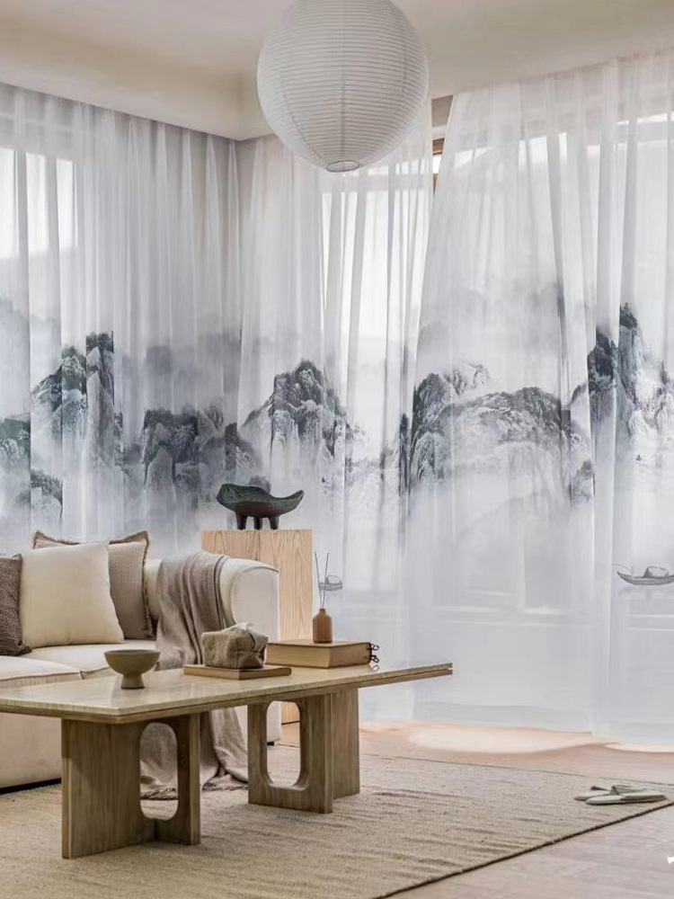 新中式雪纺水墨数码印花窗纱书房隔断客厅防尘卧室中国风成品纱帘