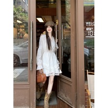 kumikumi甜美风蕾丝花边长袖白色连衣裙女装春季收腰A字裙短裙子