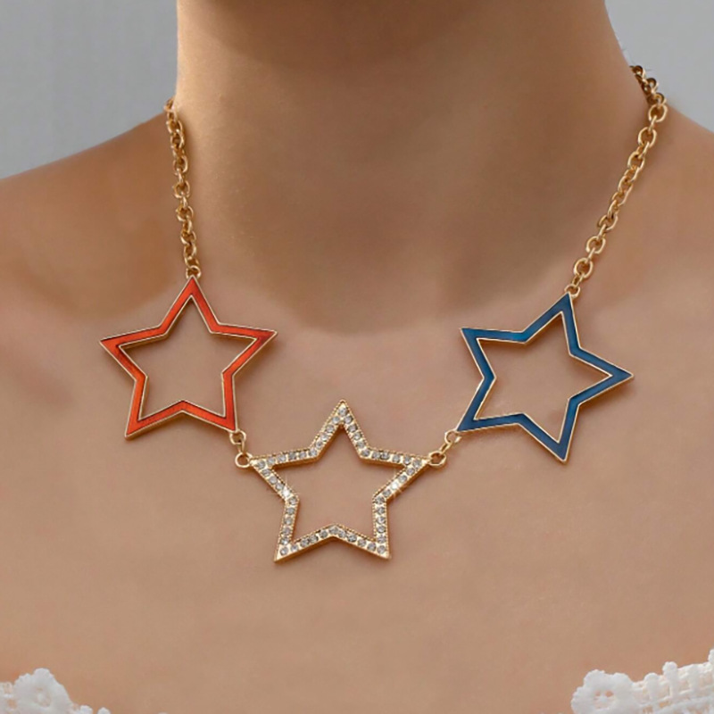 wish跨境新品美国独立日镂空五角星多色项链女 欧美时尚礼物吊坠