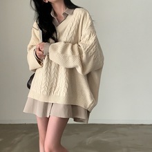 韩国chic复古麻花慵懒大版宽松落肩袖套头毛衣V领长袖针织衫女