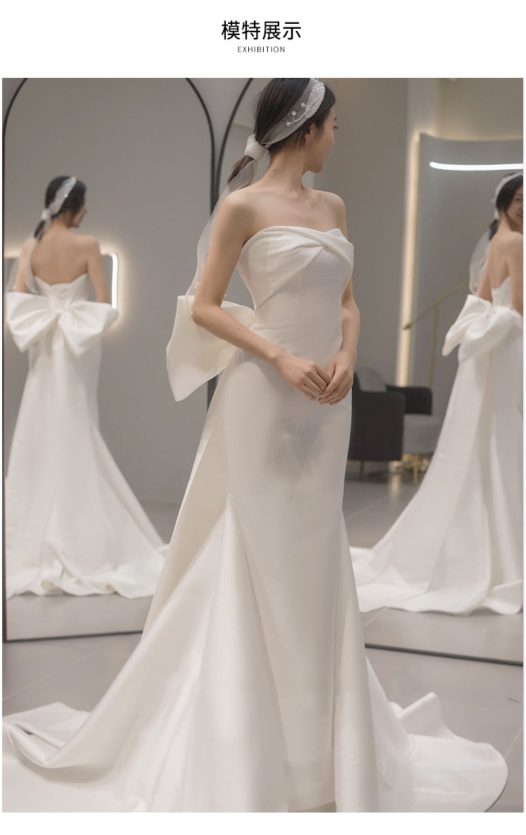 缎面抹胸轻婚纱2022款白色简约小拖尾出门纱气质鱼尾修身显瘦礼服