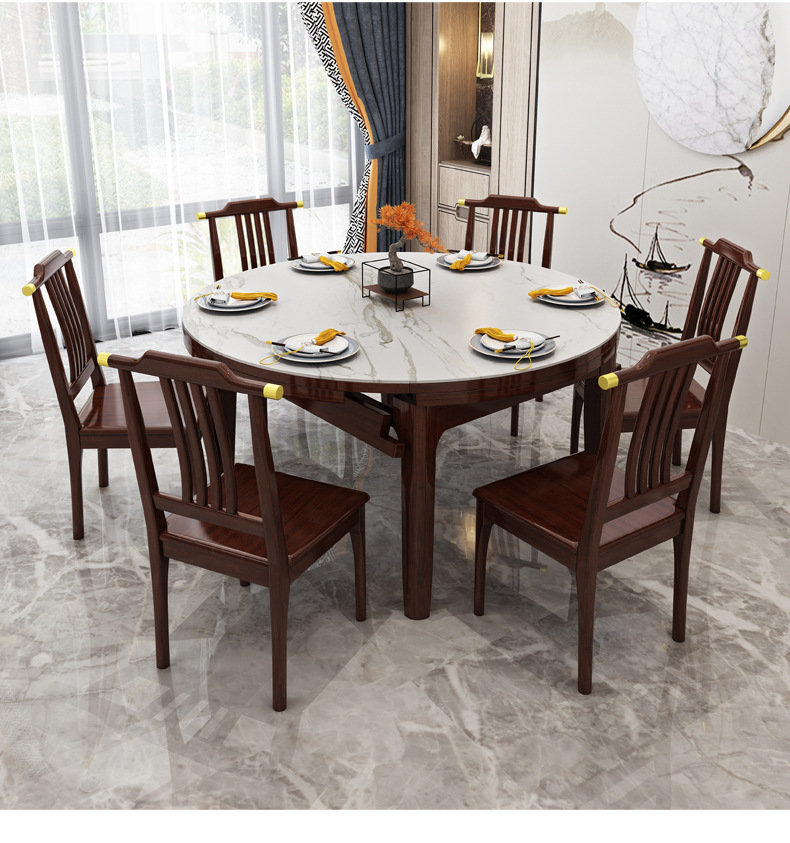 新中式实木餐桌可伸缩变形简约轻奢岩板餐桌椅组合现代家用吃饭桌