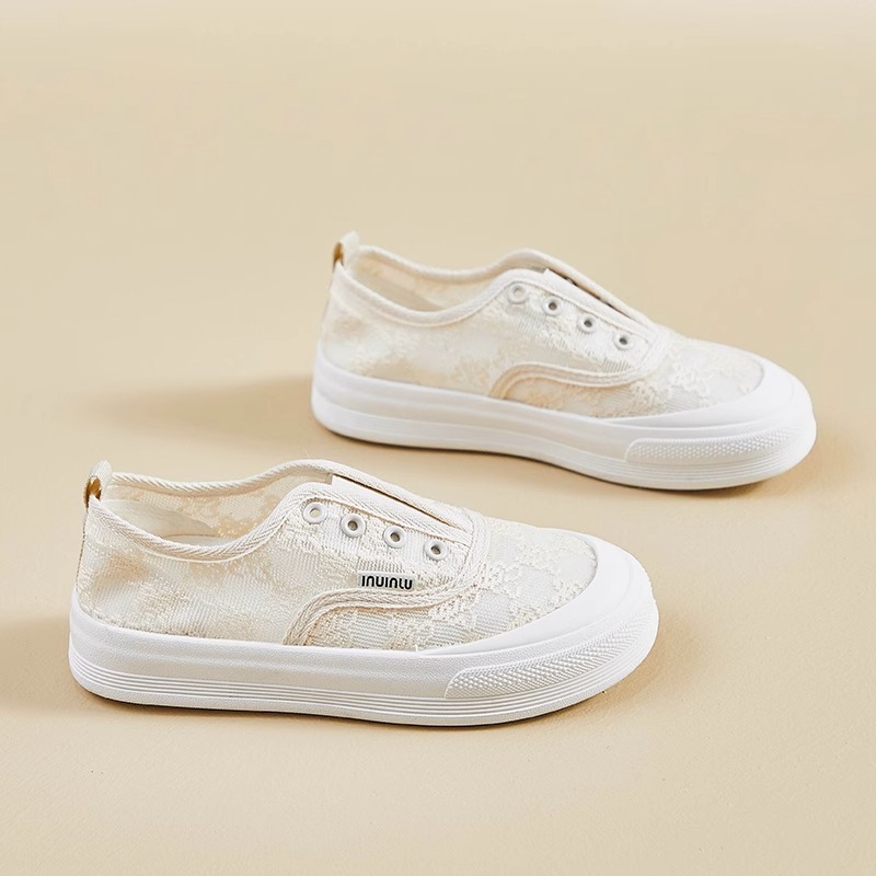 小香风帆布鞋女2024夏季新款蕾丝网面透气平底百搭懒人一脚蹬板鞋