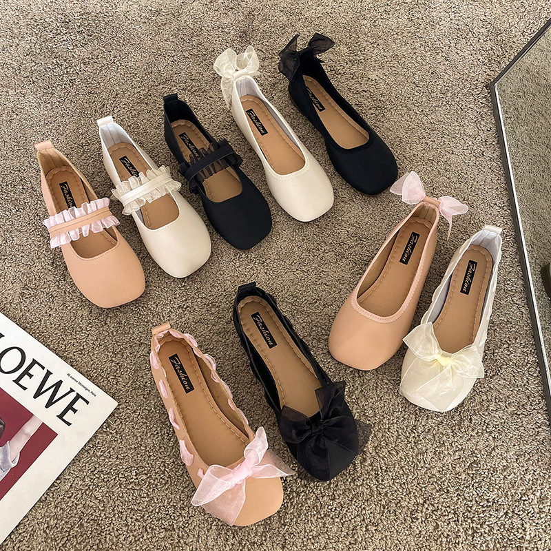 晚风粉色平底鞋法式复古春夏新款仙女风单鞋浅口豆豆奶奶鞋女鞋子