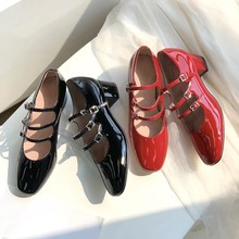 法式复古玛丽珍女鞋真皮中跟扣带方头浅口小红鞋高跟漆皮舒适单鞋