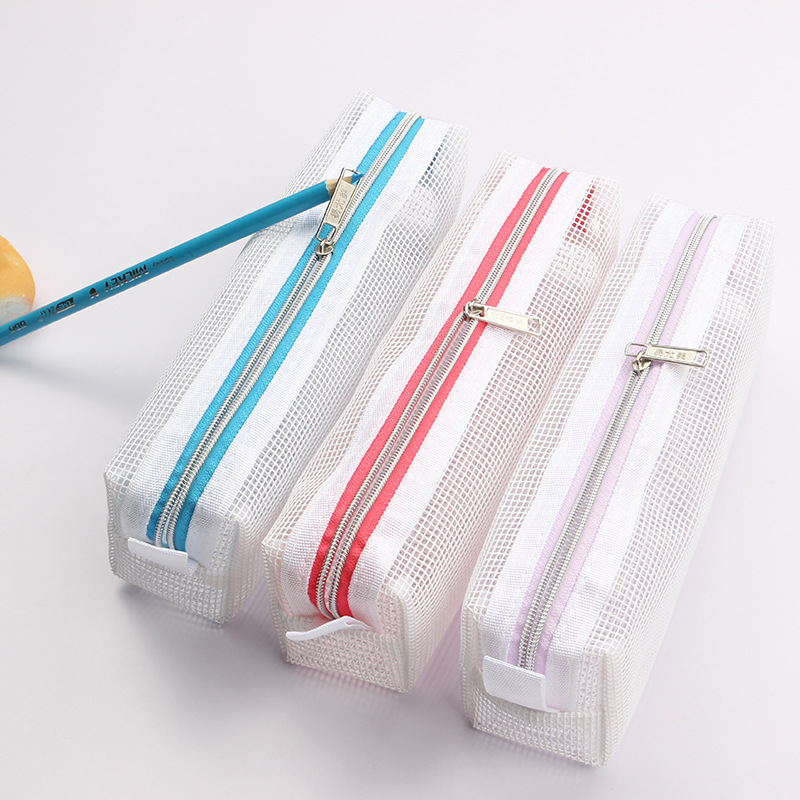 Spot Simple White Glue Mesh Color Pull Pencil Case Japanese Stationery Box Student Office Simple Buggy Bag