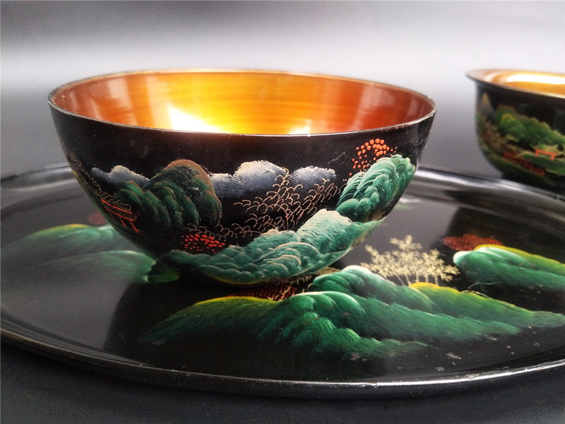 福州脱胎漆器早年漆盘漆碗茶盘五件套牙签罐盒子收藏送礼工艺品