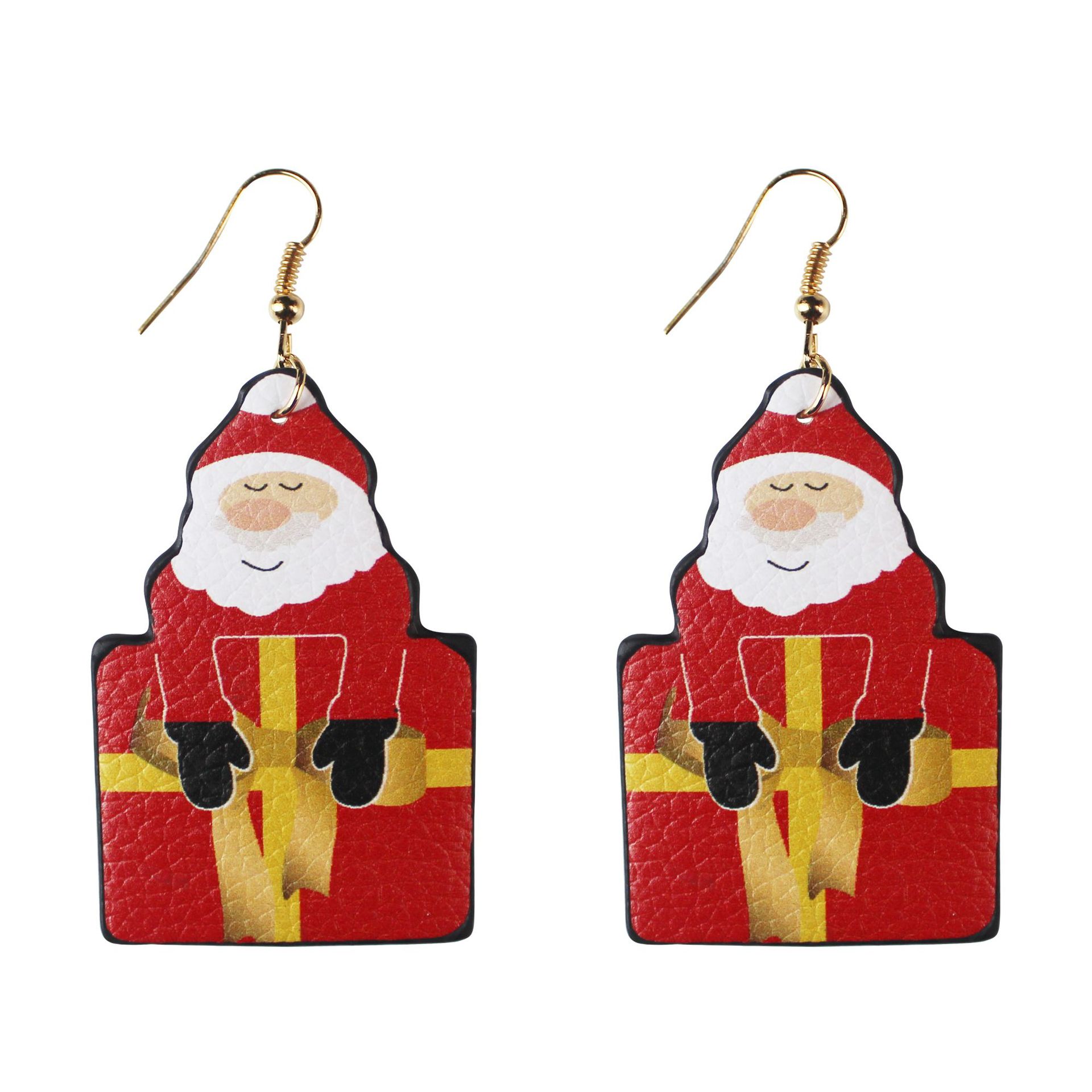 Leather Oil-Edged Earrings Christmas Christmas Tree Santa Claus Water-Drop Eardrops Holiday Ornament in Stock