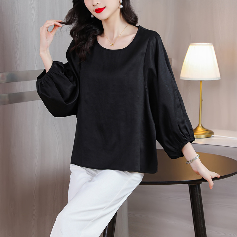 素绉缎香云纱黑色圆领通勤t恤女2024春季新款宽松大码休闲上衣