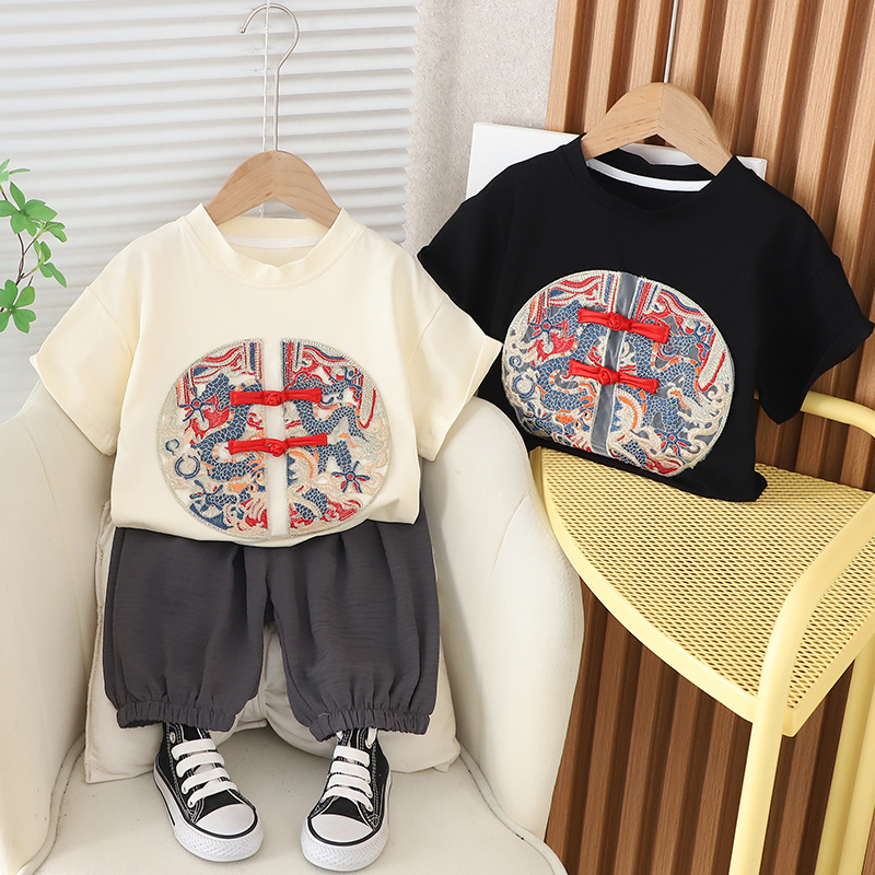 Baby Boy Summer Clothes Suit Western Style Boys' Short Sleeve New Chinese Style Machine Embroidery Two-Piece Set Clothes for Babies Small Children's Clothing