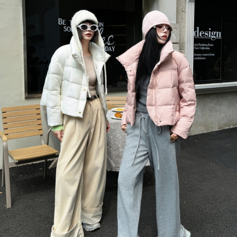 m扣短款羽绒服女2024冬季时尚立领加厚高端白鸭绒直筒休闲外套潮