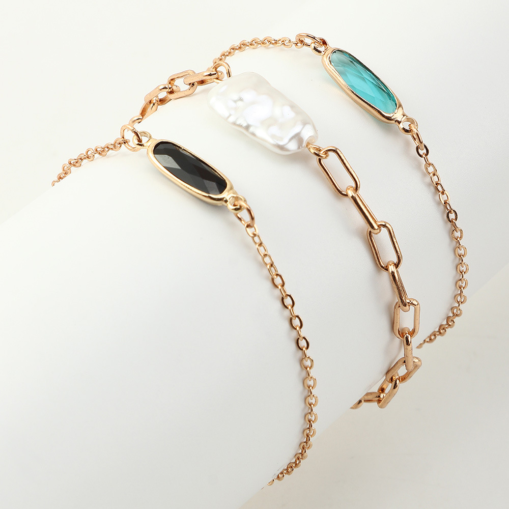 Cross-Border European And American Style Bracelet Retro Fashion Elegance Gem Pearl Multi-Color 3-Piece Bracelet Set