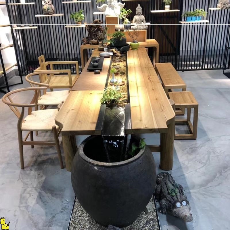 禅意流水茶台流水泡茶桌椅组合办公室茶室禅意可养鱼景观原木茶台