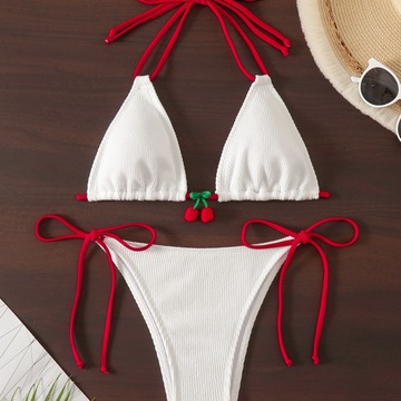 外贸性感挂脖系带分体泳衣女欧美跨境纯色高腰三角葫芦岛比基尼