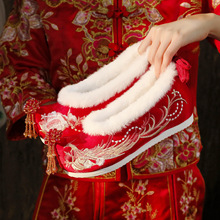 婚鞋禾秀鞋季加绒流苏古风高跟中式结婚内汉服鞋子红色