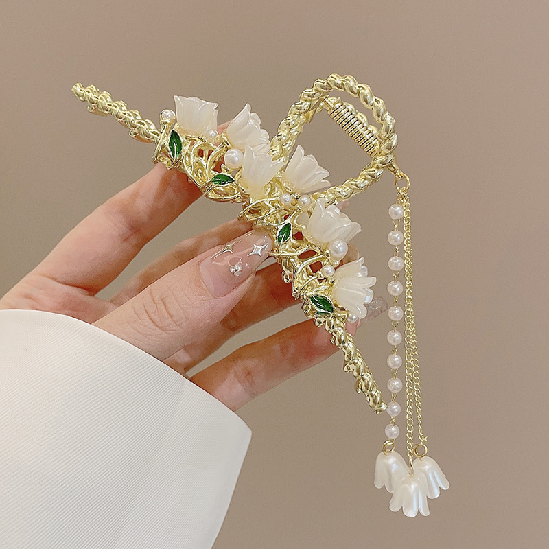 古风小抓夹流苏汉服麦穗蝴蝶发夹女珍珠设计感后脑勺盘发抓夹大号