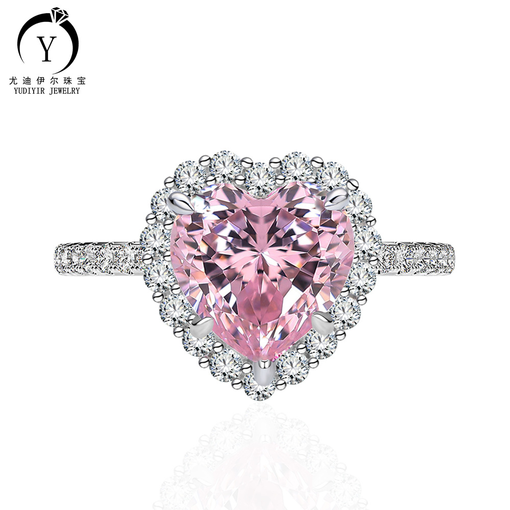 8克拉心形9mm粉钻戒指女纯银欧美时尚指环新款饰品跨境外贸批发