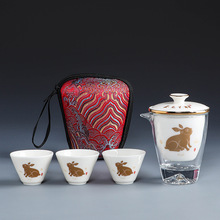 羊脂玉瓷旅行茶具便携式小套装玻璃快客杯一壶三杯户外功夫泡茶装