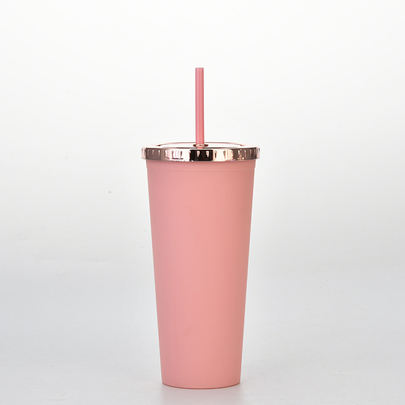 2022 New Cross-Border Amazon Water Cup Fashion Rose Gold Cover Frosted Coffee Cup Double Plastic Straw Cup