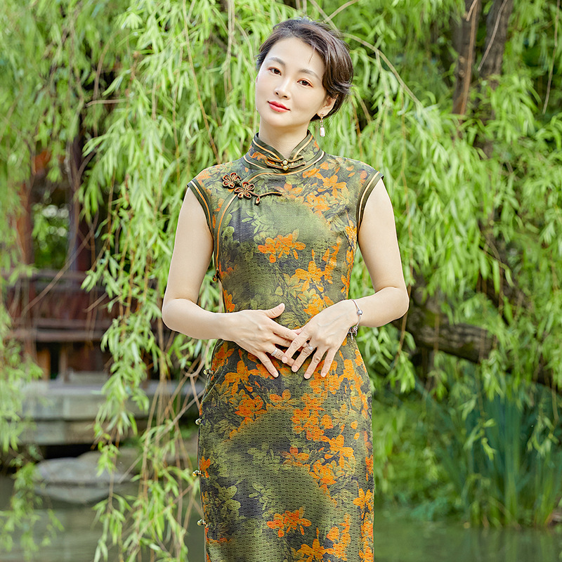 中式红云纱改良旗袍高雅复古国风桑蚕丝中长款包肩袖连衣裙旗袍